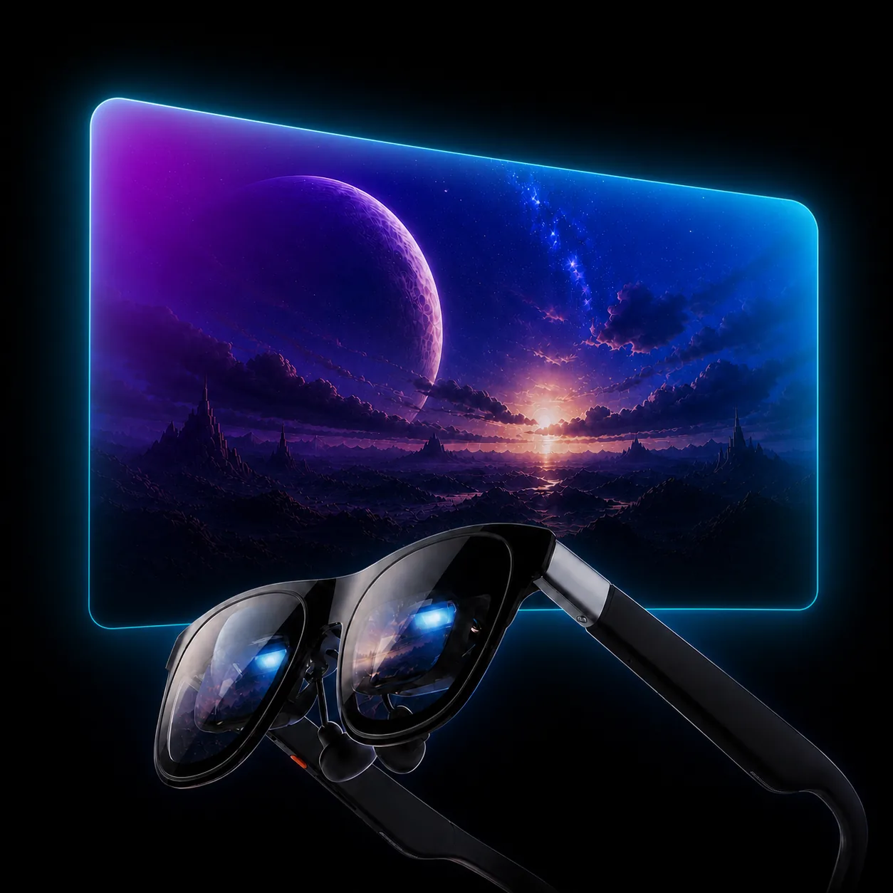XREAL glasses in front of a glowing screen with a planet