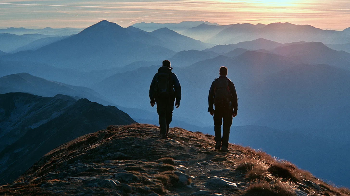 Two people walking a mountain ridge at sunset