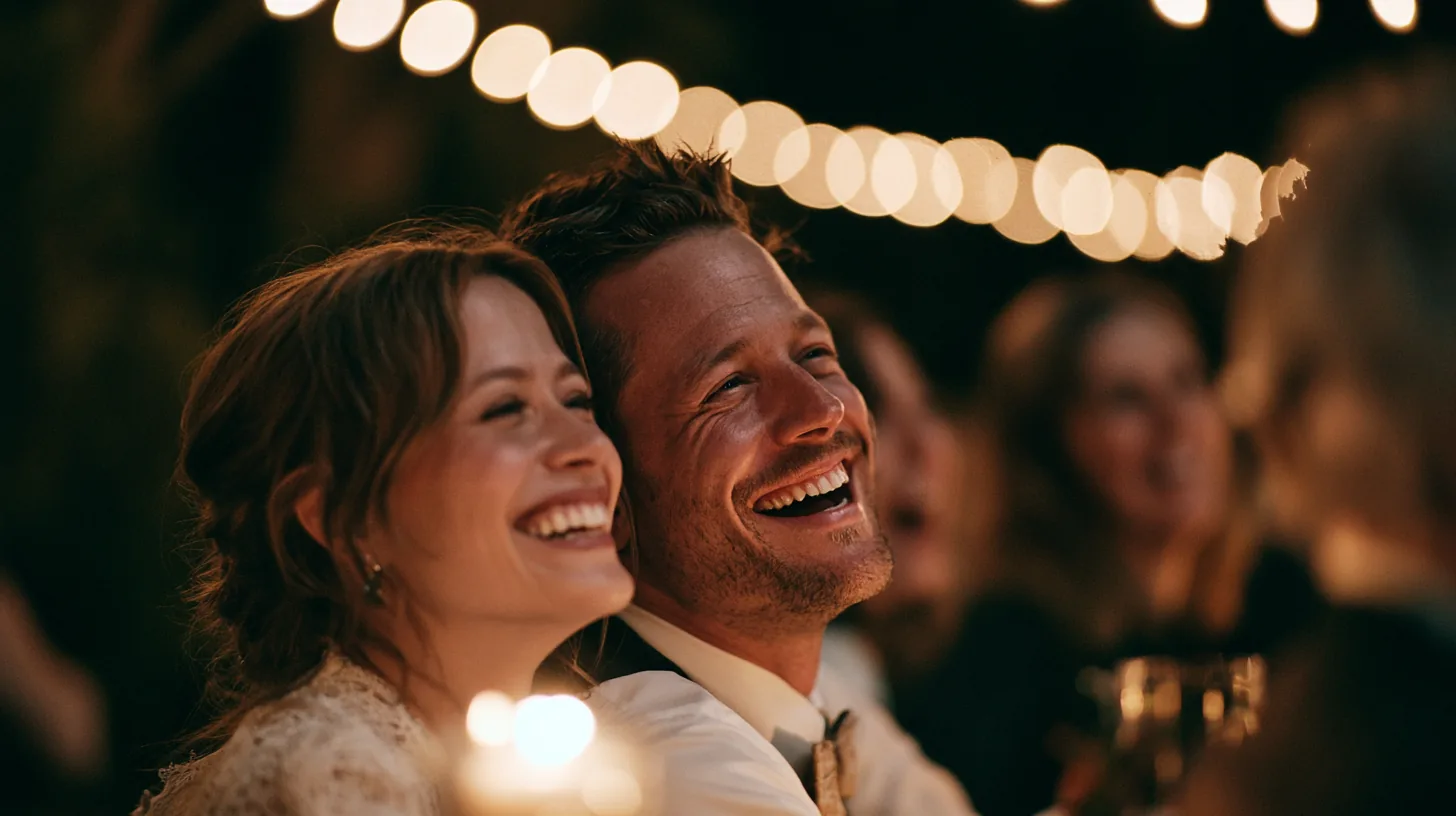 A couple laughing under the lights at a wedding