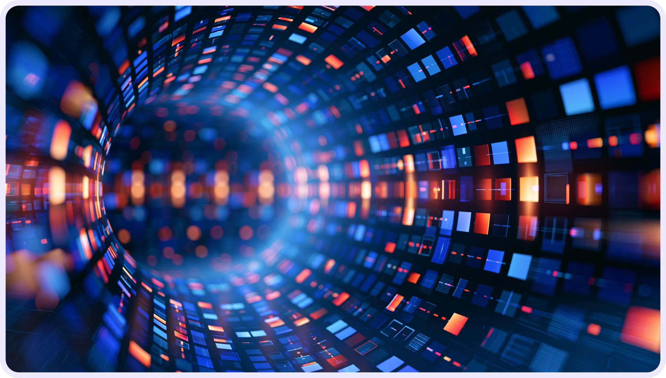 A tunnel of glowing screens — a stereo frame